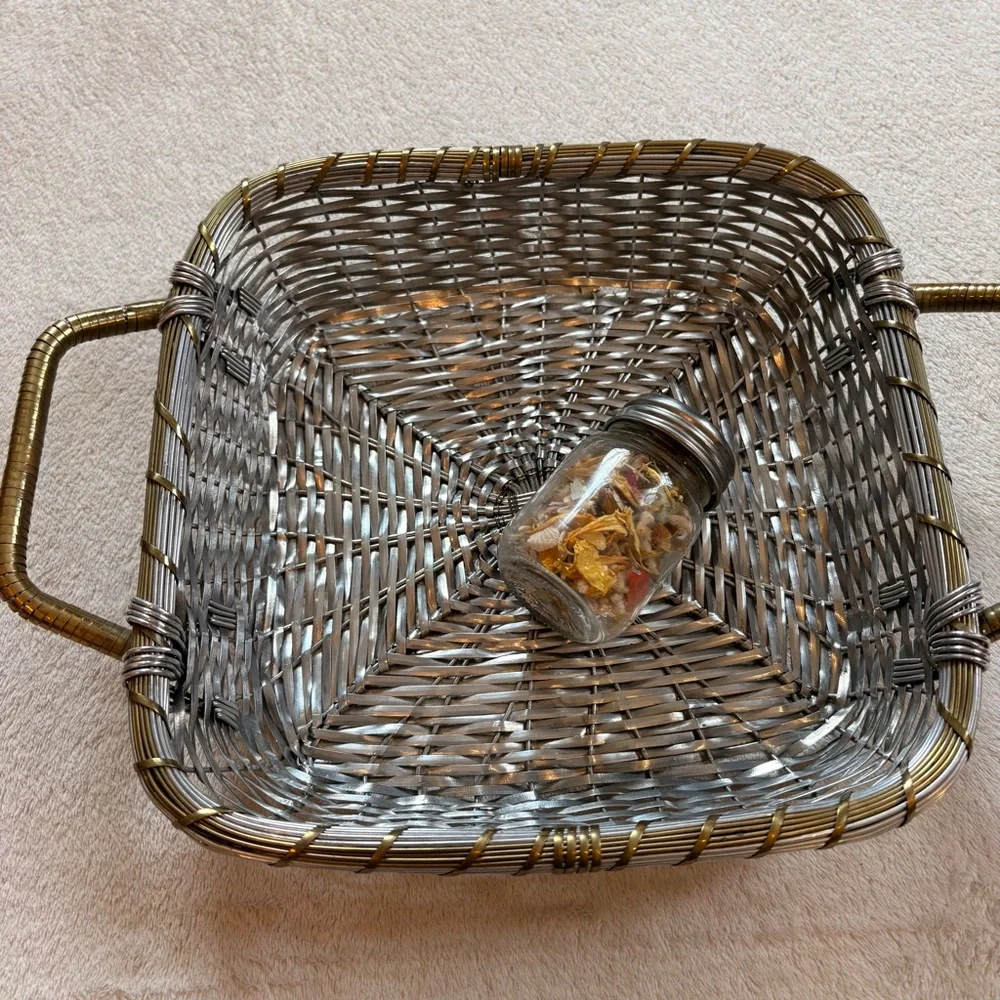 Woven Metal Square Serving Basket with Handles - Silver and Brass NWT